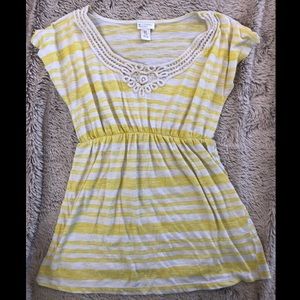Yellow and white striped maternity shirt